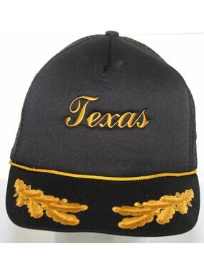 Vintage TEXAS Trucker Hat - Laurel Leaf Brim - Snapback Cap - Black & Yellow